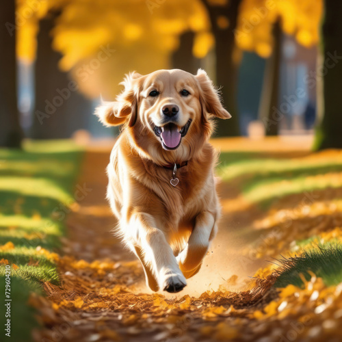 Happy purebred Golden retriever movingoward the camera wrinkled face close up. Flying dog. Generative AI