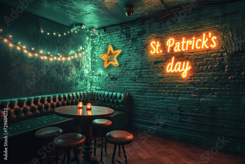 St. Patrick's Day Celebration Ambience with Neon Sign and Festive Lights in a Cozy Pub