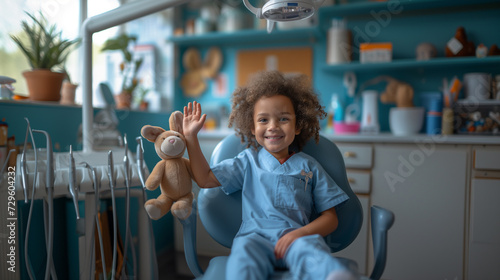 Happy child African American boy having a routine dental checkup at the dentist. A smiling child with a soft toy at the dentist during an examination. Children's dental hygiene