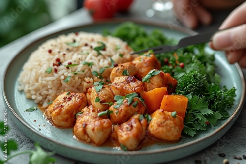 A special dish with meat and vegetables and porridge in a plate on the table