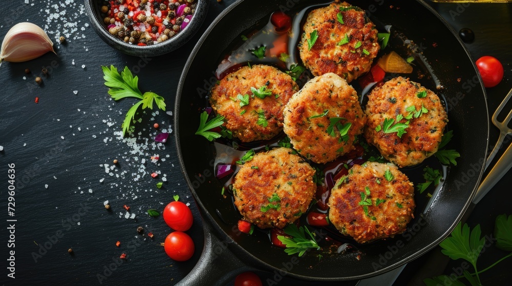 A skillet containing golden-brown cooked patties garnished with fresh herbs and spices A skillet containing golden-brown cooked patties garnished with fresh herbs and spices