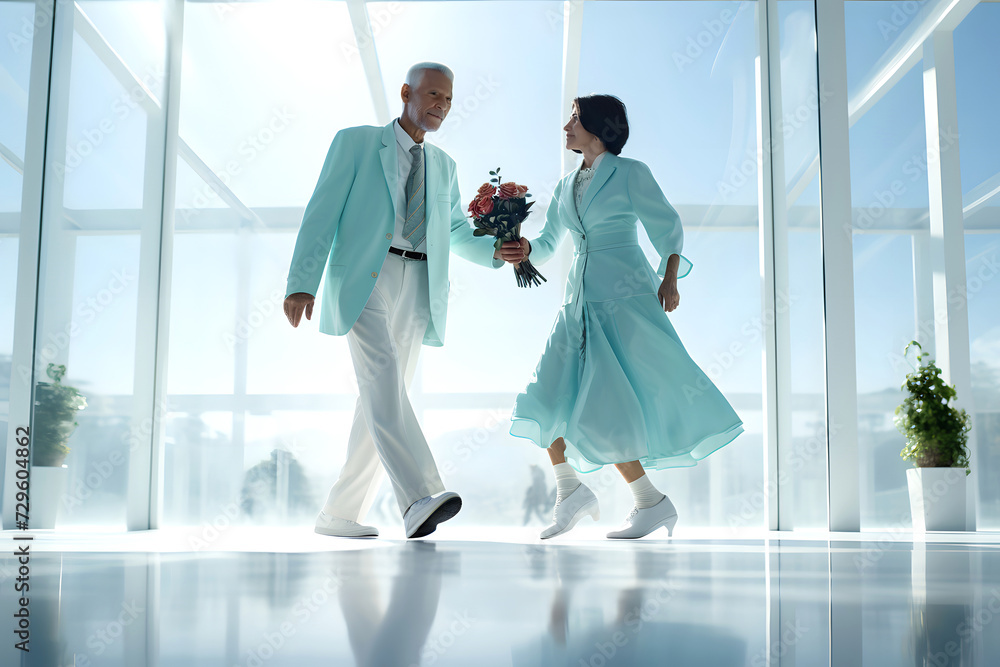 happy romantic elderly couple dancing together. family relationships and friendship between a man and a woman