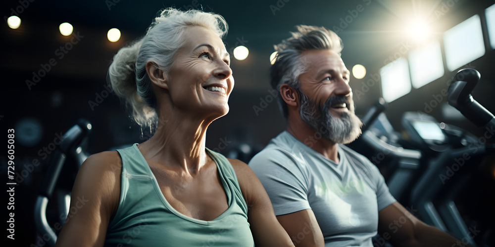 happy romantic elderly couple together in the sports and fitness room happy romantic elderly couple together in the sports and fitness room