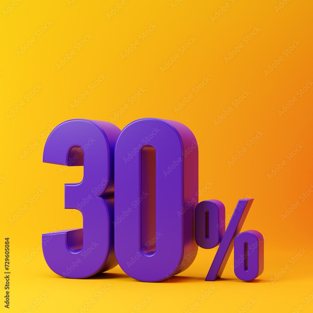 Purple thirty percent or 30 % isolated over yellow background. 3D rendering. Purple thirty percent or 30 % isolated over yellow background. 3D rendering.