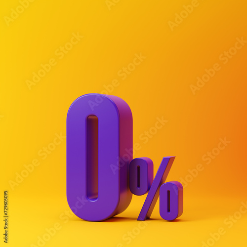 Purple zero percent or 0 % isolated over yellow background. 3D rendering.