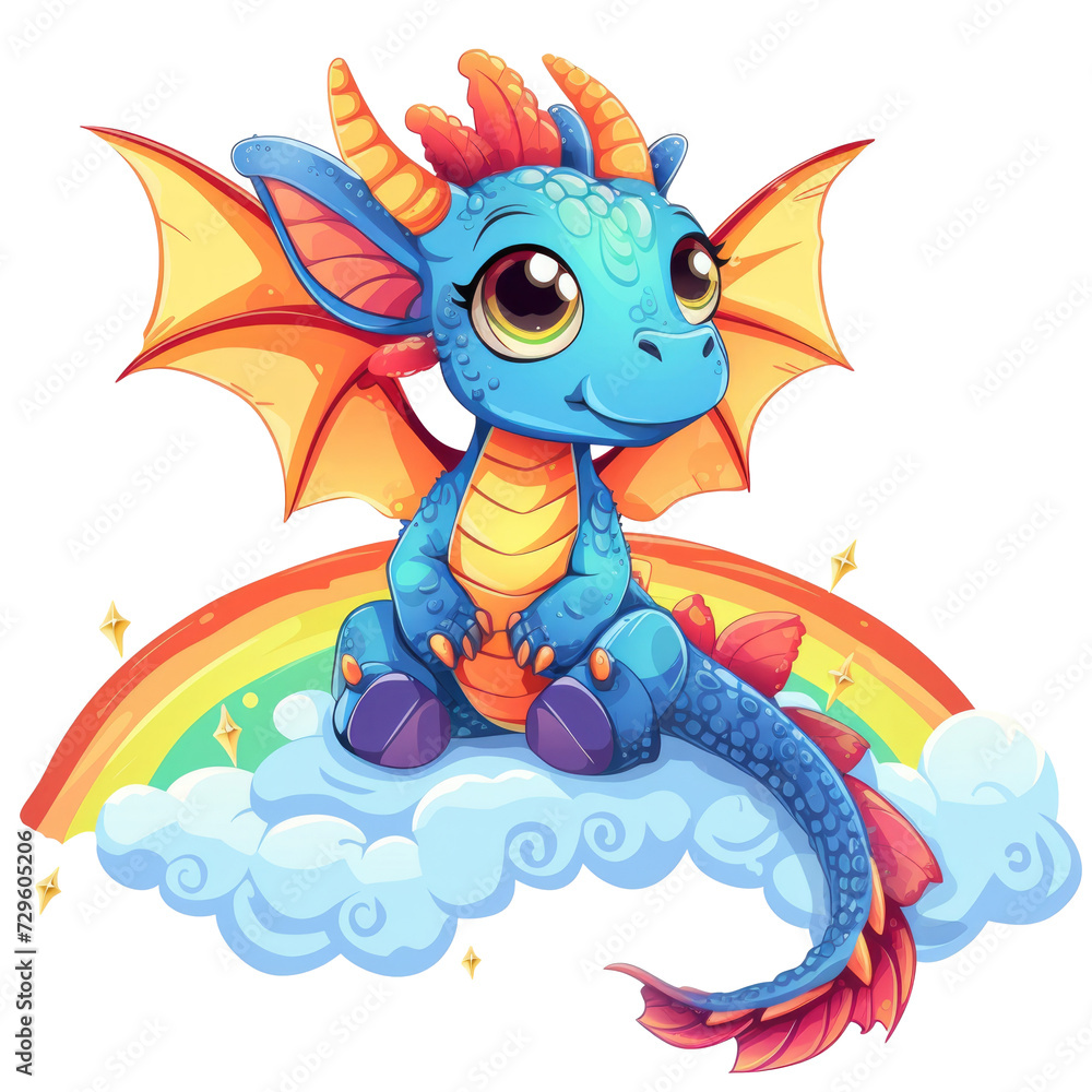 Obraz premium Cute cartoon dragon seat on rainbow isolated on transparent background, png
