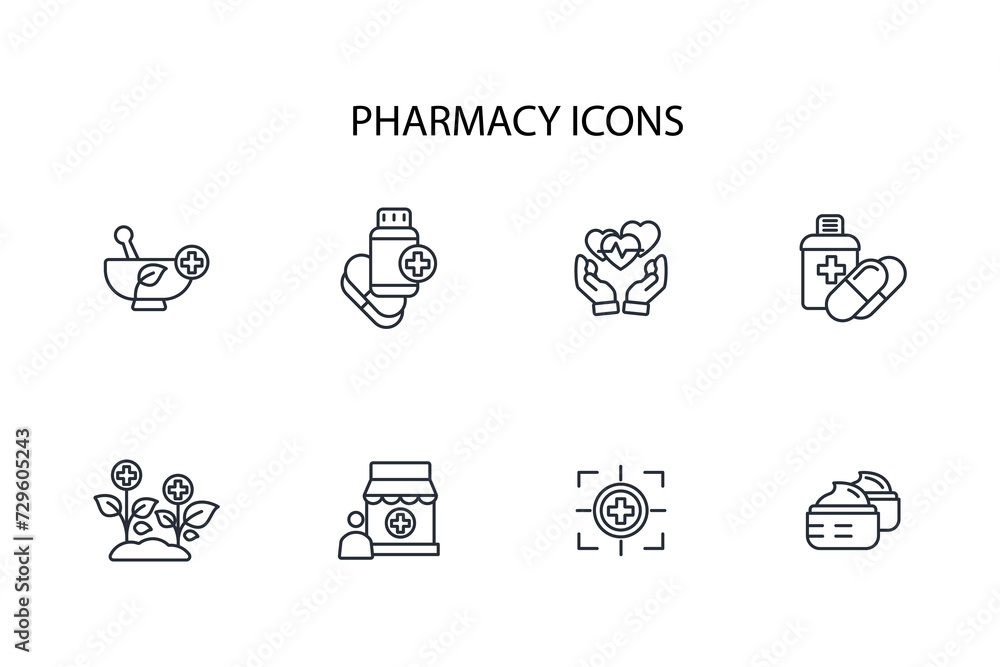 Pharmacy icon set.vector.Editable stroke.linear style sign for use web design,logo.Symbol illustration. Pharmacy icon set.vector.Editable stroke.linear style sign for use web design,logo.Symbol illustration.