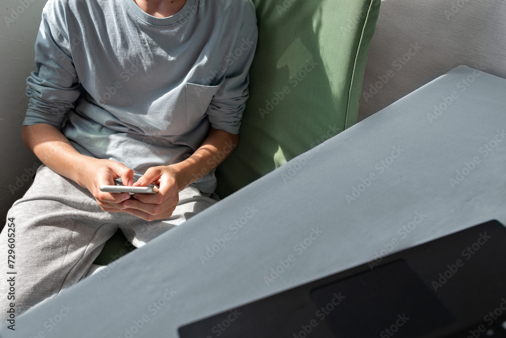 Person in casual clothing sitting at home and holding mobile phone in hands, using social media or messaging, communicating online, table with laptop on foreground, natural sun light, lifestyle