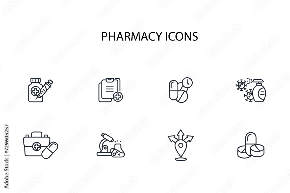 Pharmacy icon set.vector.Editable stroke.linear style sign for use web design,logo.Symbol illustration. Pharmacy icon set.vector.Editable stroke.linear style sign for use web design,logo.Symbol illustration.