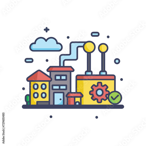 2d vector illustration icon, shape line , architecture factory industrial and town with home
