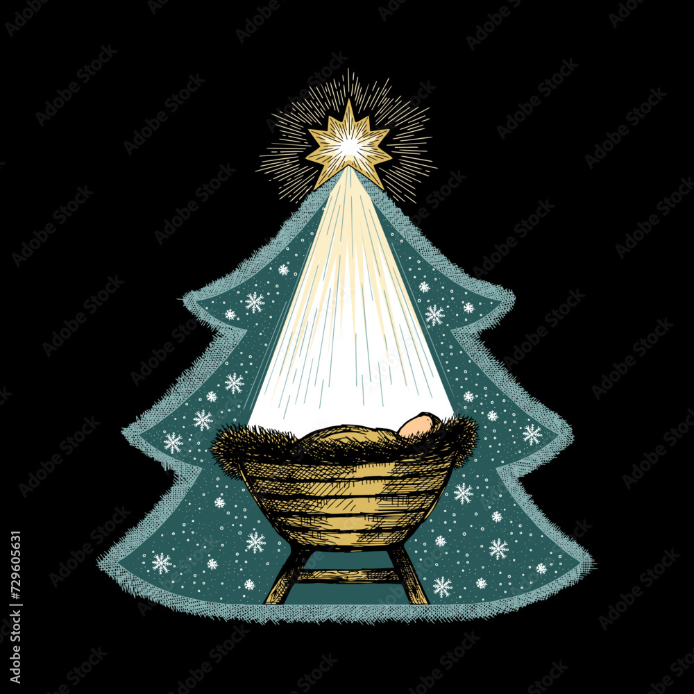 Obraz premium The Nativity Scene. A hand-drawn manger for the baby Jesus. The Star of Bethlehem above the stable where the Savior of the world was born.