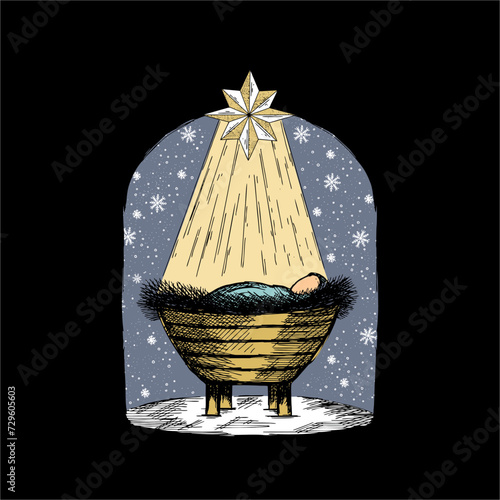 The Nativity Scene. A hand-drawn manger for the baby Jesus. The Star of Bethlehem above the stable where the Savior of the world was born.