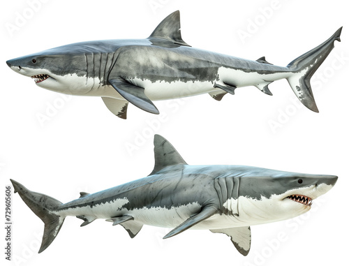 Two great white sharks isolated on white background. Side view