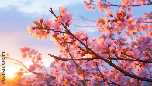 Beautiful sakura flowers blooming at sunset in spring time.