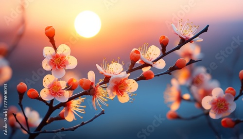 Apricot blossom with sunset in the background, selective focus