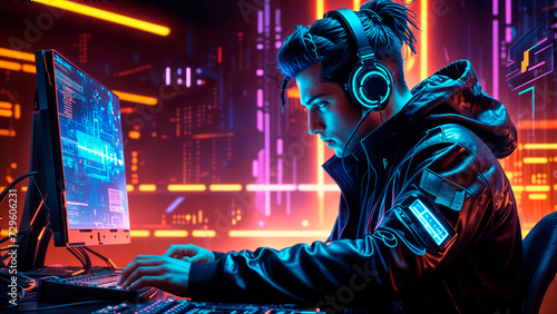 A hacker in a black hoodie  sits in front of two computer screens with neon lights.