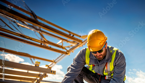 A man wearing a yellow hard hat and safety vest kneeling down.