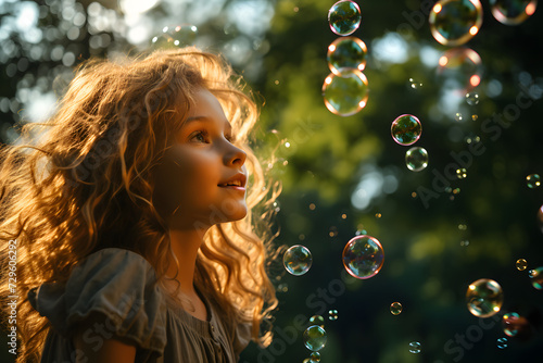 happy girl playing with soap bubbles. leisure and recreation for children