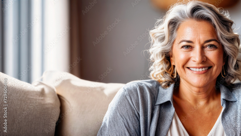 An older adult woman with curly hair is sitting on a gray sofa.
An older adult woman with curly hair is sitting on a gray sofa.