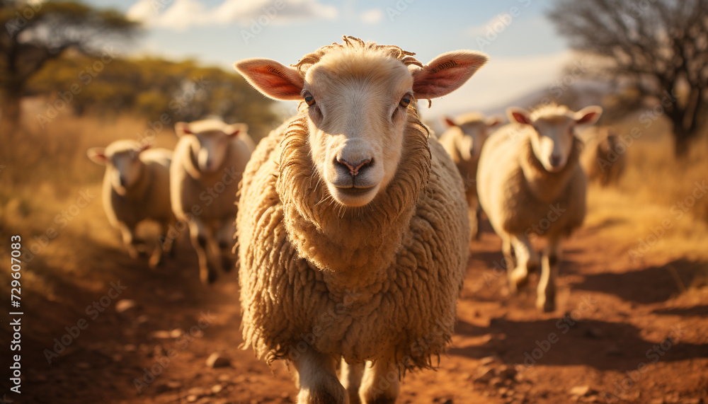 Fototapeta premium Cute lamb grazing in green meadow, farmer organic beauty generated by AI