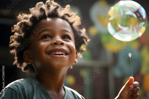 happy african boy playing with soap bubbles. leisure and recreation for children