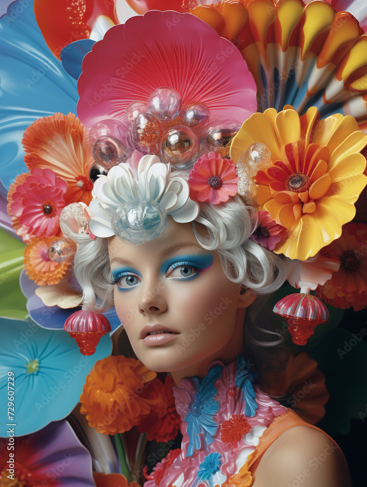 Fashion portrait of a beautiful young model woman with plastic flowers, woman with flowers on head, summer and female beauty concept, Fantasy photo of a woman in plastic flowers.