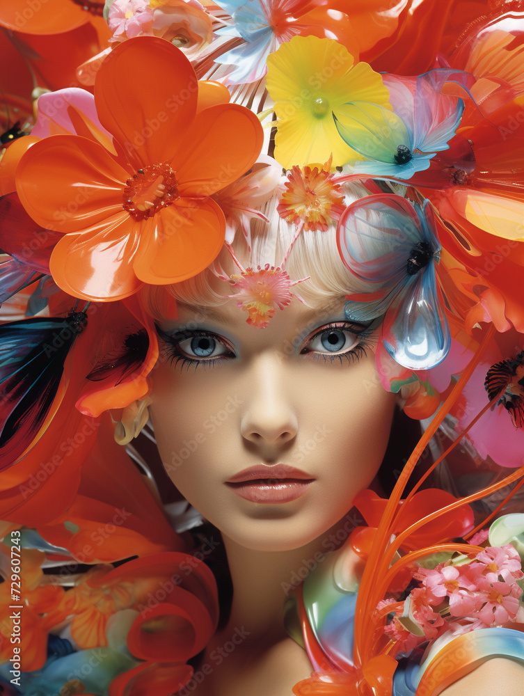 Fashion portrait of a beautiful young model woman with plastic flowers, woman with flowers on head, summer and female beauty concept, Fantasy photo of a woman in plastic flowers.