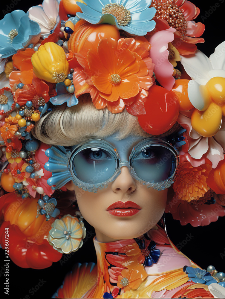 Fashion portrait of a beautiful young model woman with plastic flowers and sunglasses, woman with flowers on head, summer and female beauty concept, Fantasy photo of a woman in plastic flowers.