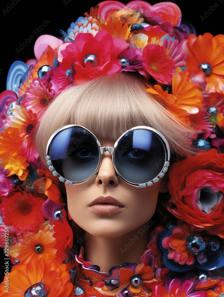 Fashion portrait of a beautiful young model woman with plastic flowers and sunglasses, woman with flowers on head, summer and female beauty concept, Fantasy photo of a woman in plastic flowers.