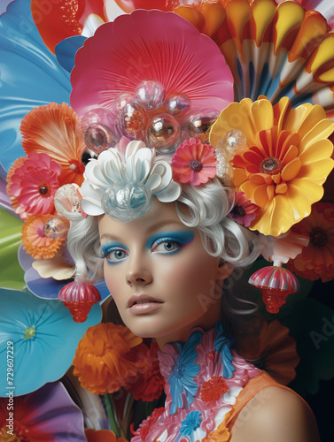 Obraz na płótnie Fashion portrait of a beautiful young model woman with plastic flowers, woman with flowers on head, summer and female beauty concept, Fantasy photo of a woman in plastic flowers. w salonie