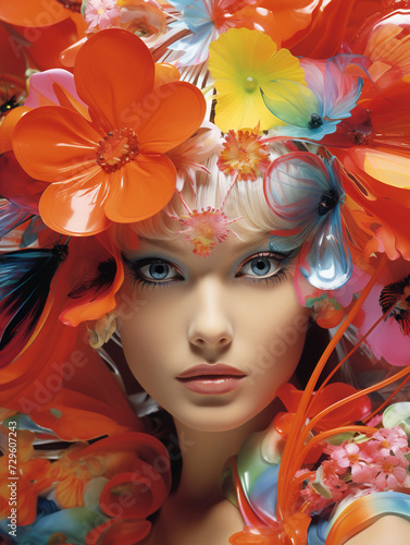 Obraz na płótnie Fashion portrait of a beautiful young model woman with plastic flowers, woman with flowers on head, summer and female beauty concept, Fantasy photo of a woman in plastic flowers. w salonie