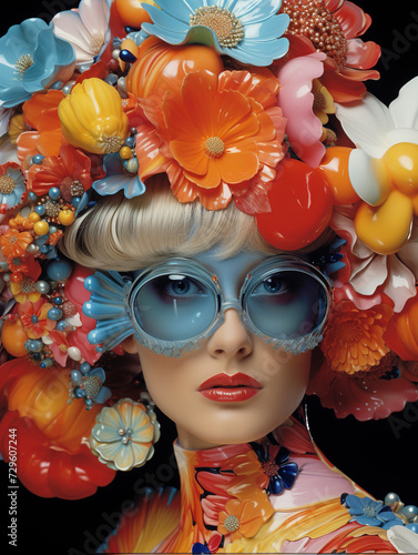 Obraz na płótnie Fashion portrait of a beautiful young model woman with plastic flowers and sunglasses, woman with flowers on head, summer and female beauty concept, Fantasy photo of a woman in plastic flowers. w salonie