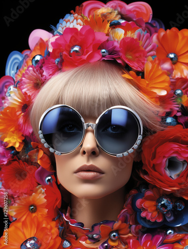 Obraz na płótnie Fashion portrait of a beautiful young model woman with plastic flowers and sunglasses, woman with flowers on head, summer and female beauty concept, Fantasy photo of a woman in plastic flowers. w salonie