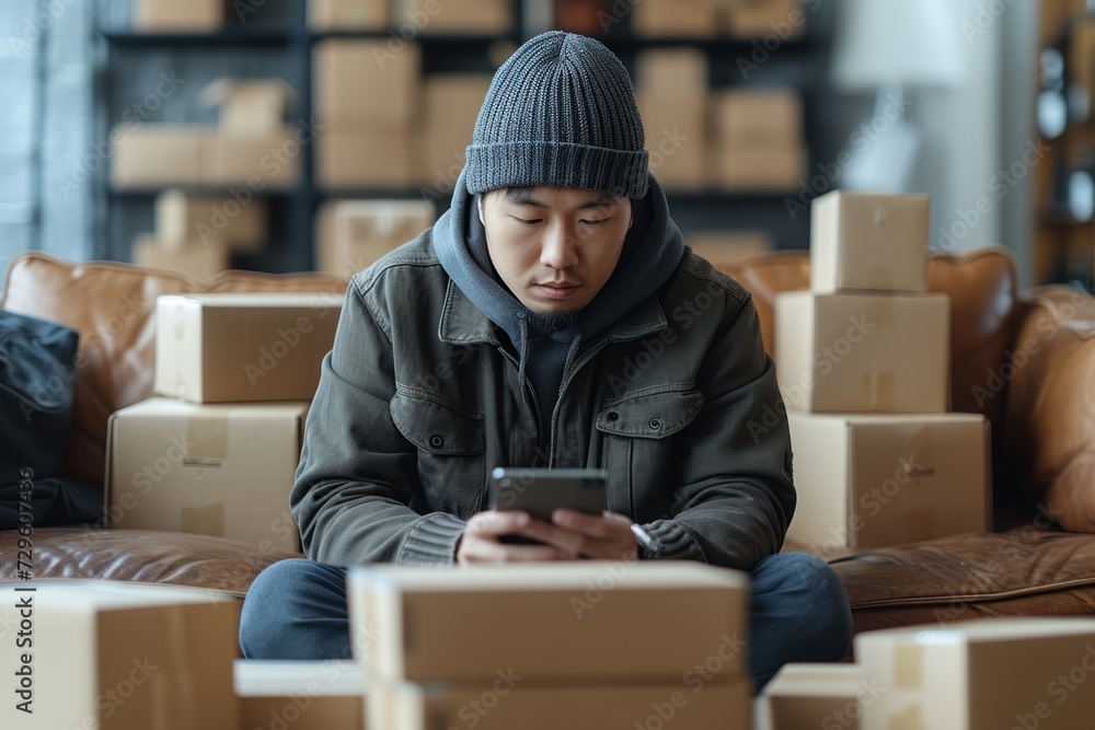 A man looks happy running a small business. Trading via online platforms, startups A man looks happy running a small business. Trading via online platforms, startups