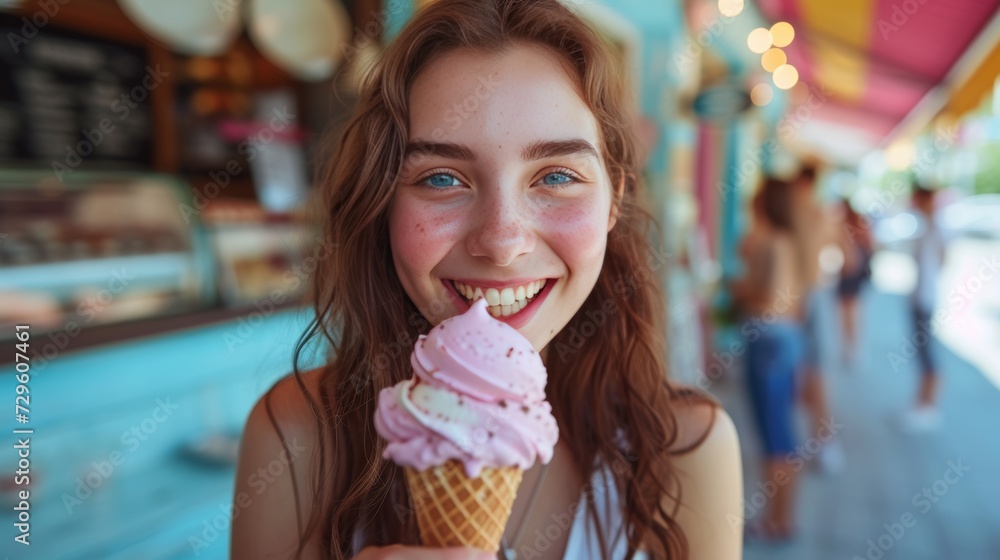 A young lady savoring an ice cream cone, her smile radiating pure joy into the camera lens