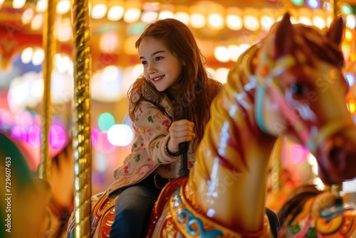 little girl expressing excitement on colorful carousel, merry go round, having fun at amusement park