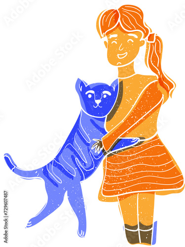 A happy girl hugs her domestic cat. Vector doodle illustration with retro risograph effect. The kitty's owner cuddles her pet with love and caress.