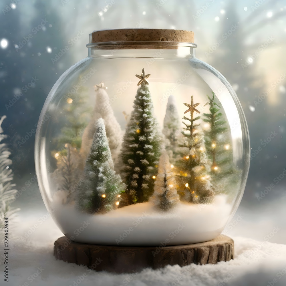 a glass jar terrarium of Christmas trees with a blurred snowy background a glass jar terrarium of Christmas trees with a blurred snowy background
