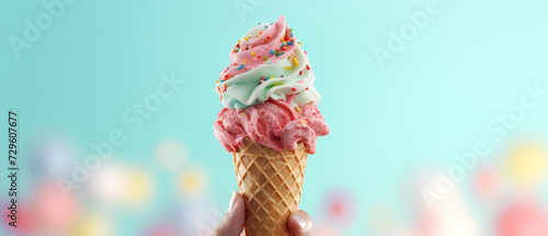 Hand holding a colorful ice cream in a cone with topping