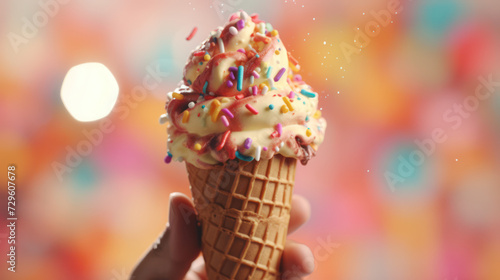 Hand holding a colorful ice cream in a cone with topping