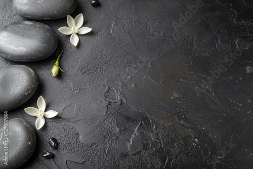 A smooth black stone background and white flowers for product presentation