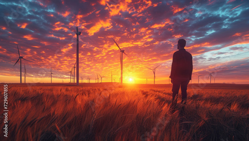 engineer standing in a field looking at wind turbines