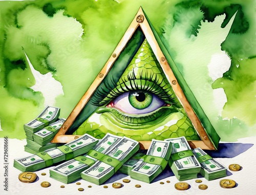 Over-the-top Illuminati Scene with Reptilian Eye and Vibrant Watercolor Paintings Gen AI photo