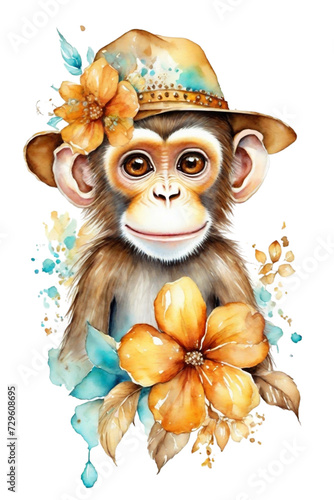 boho graphics  monkey  in a hat