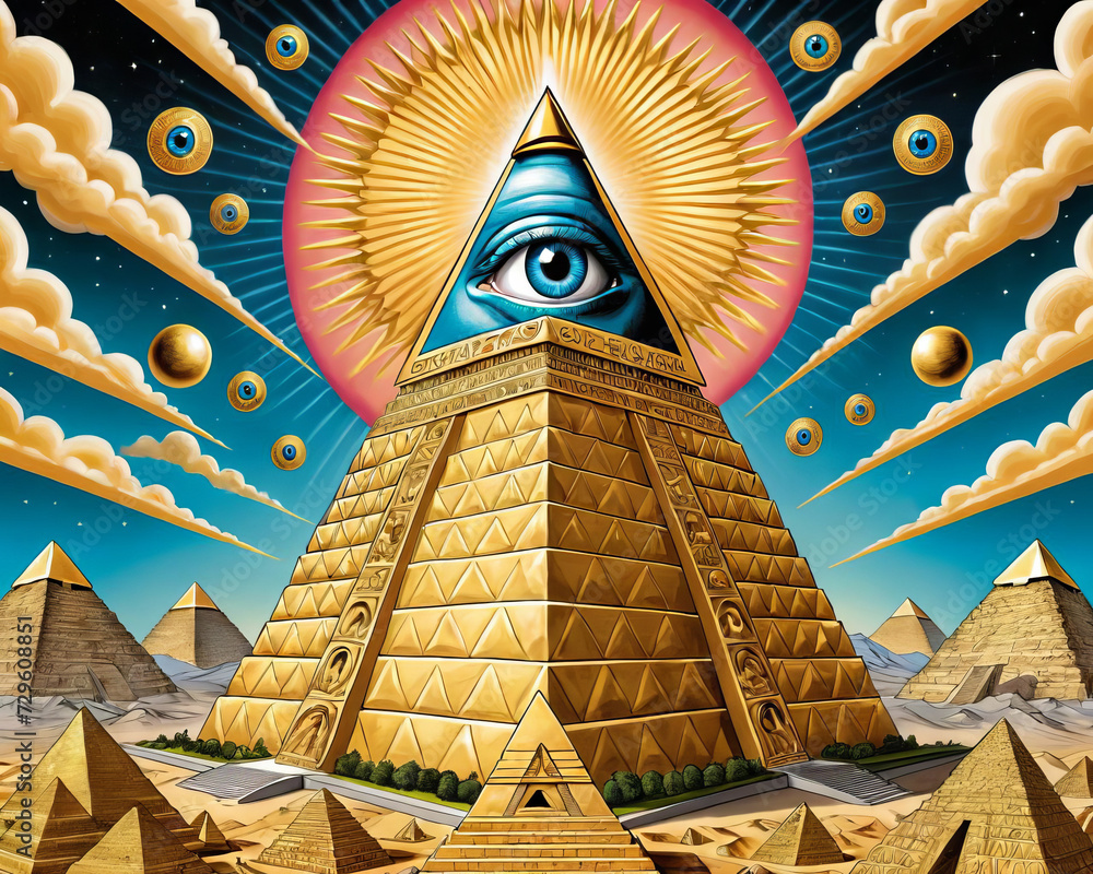 Illuminati Mind Control - Cartoonish illustration of a towering pyramid ...