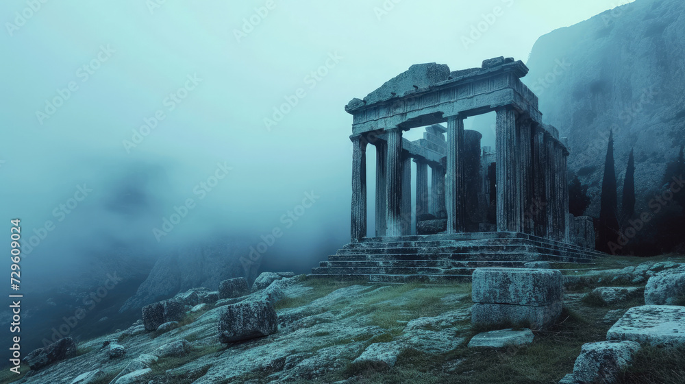 Ancient temple in mist in Greece, dramatic view of Greek ruins on foggy ...
