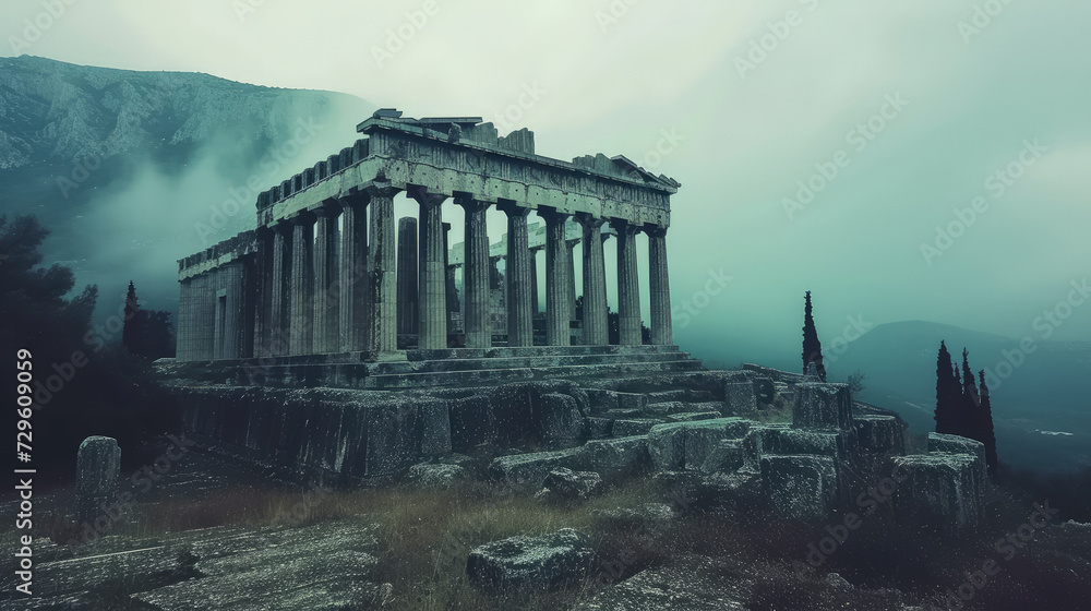 Fototapeta Ancient temple in misty evening in Greece, dramatic view of classical Greek ruins, mountain and fog, landscape with old building in mist. Theme of antique, past civilization, overcast