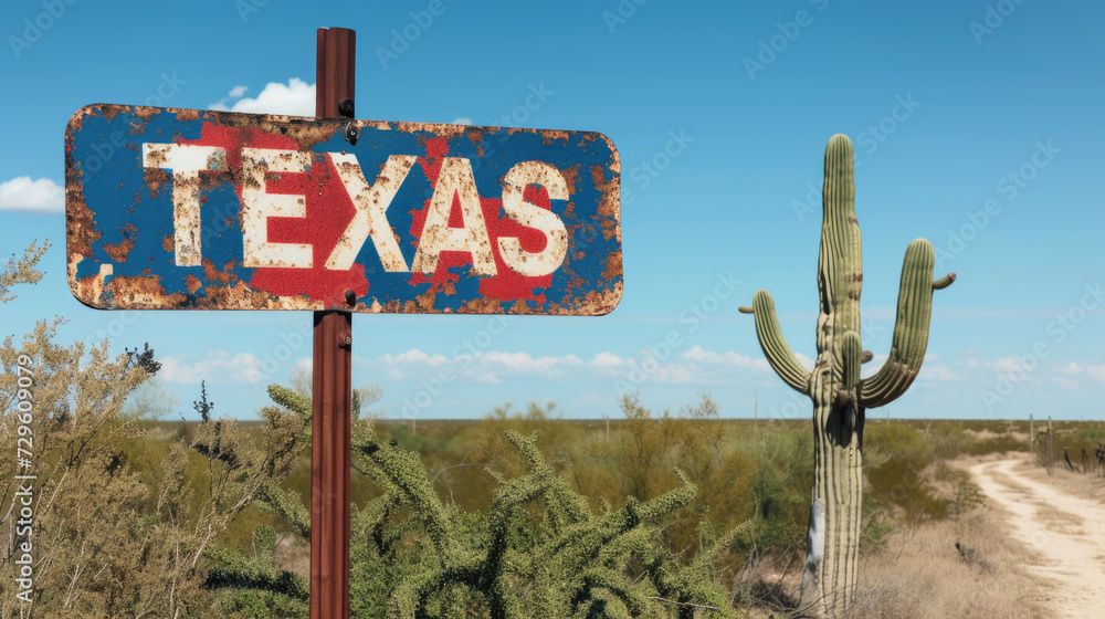 Texas road sign at state border, view of vintage rusty signpost on blue sky background, cactus in desert. Concept of travel, nature, welcome, landscape, USA and America