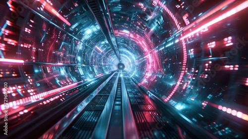 Digital tunnel in cyber space or futuristic tech road  abstract background. Perspective of cyberspace with neon data light. Concept of technology  future  network  security