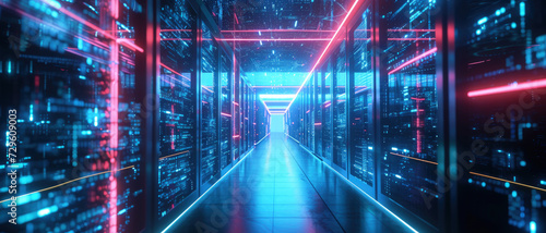 Digital corridor in cyber space or futuristic AI data center, abstract tech background. Perspective of cyberspace with neon light. Concept of technology, future, network, speed.